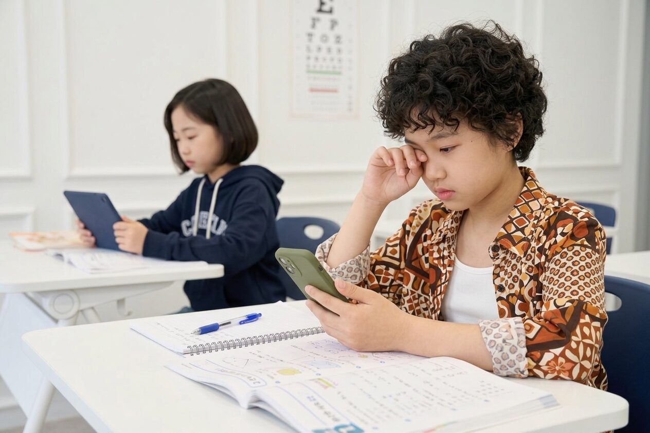 手機成癮研究中擁有手機的小學生在教室閱讀
