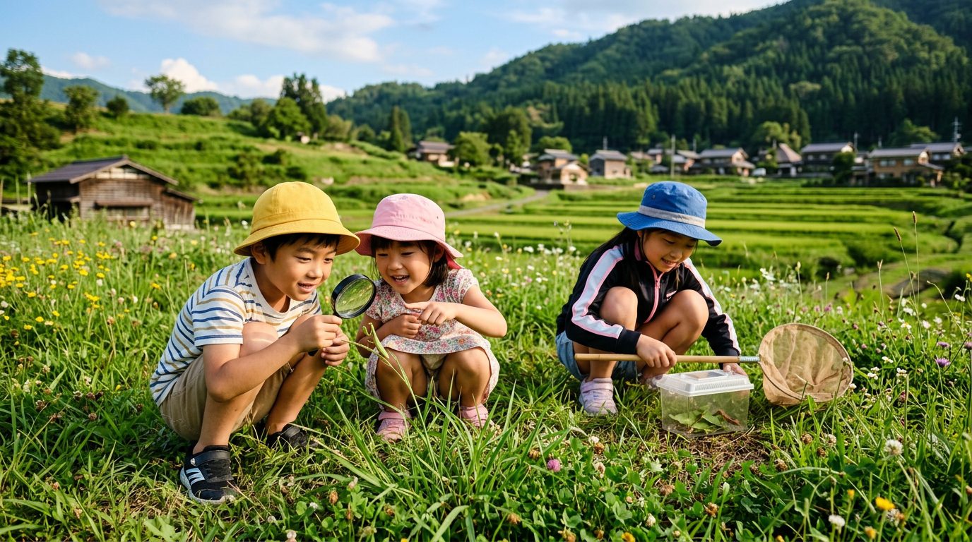 日本兒童自然體驗減少，孩子在草地上觀察昆蟲的示意圖