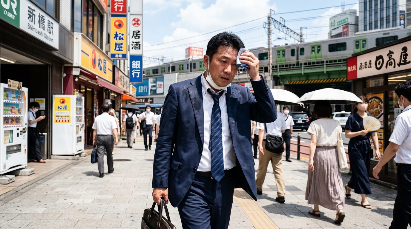 日本街頭高溫下的行人撐傘遮陽，中暑送醫人數寫下統計第三高