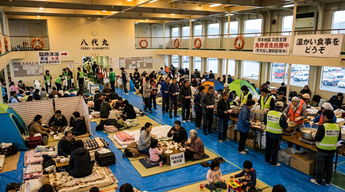 日本八代港渡輪成為熊本地震災民的臨時避難生活空間，免費提供餐食與沐浴