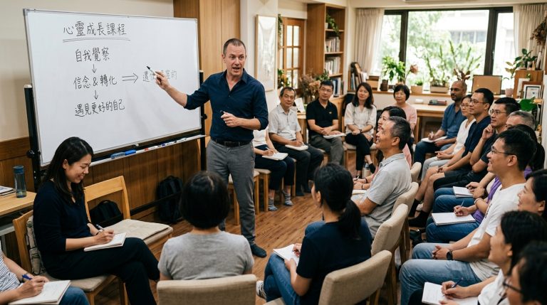 心靈成長課程的教室裡，講師站在白板前授課，學員圍坐聆聽