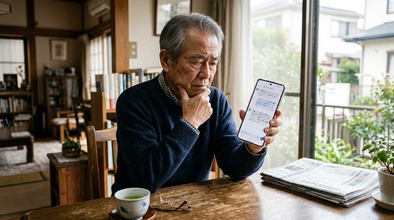 一名高齡長者看著手機裡的 AI 對話介面，表情若有所思，象徵 AI 正在影響人的道德判斷