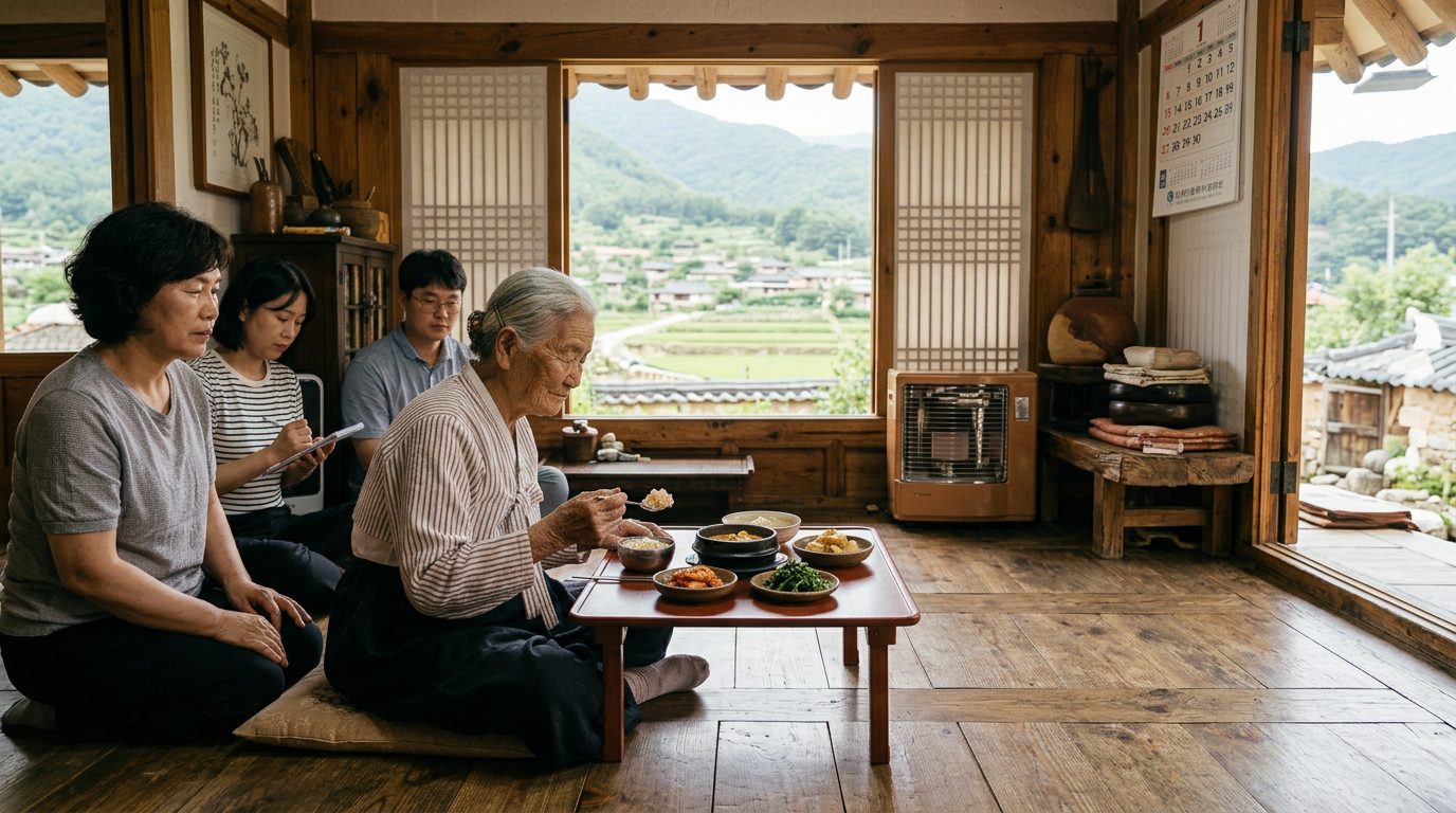 韓國百歲人瑞長壽調查示意圖，呈現高齡長者節制飲食的生活畫面