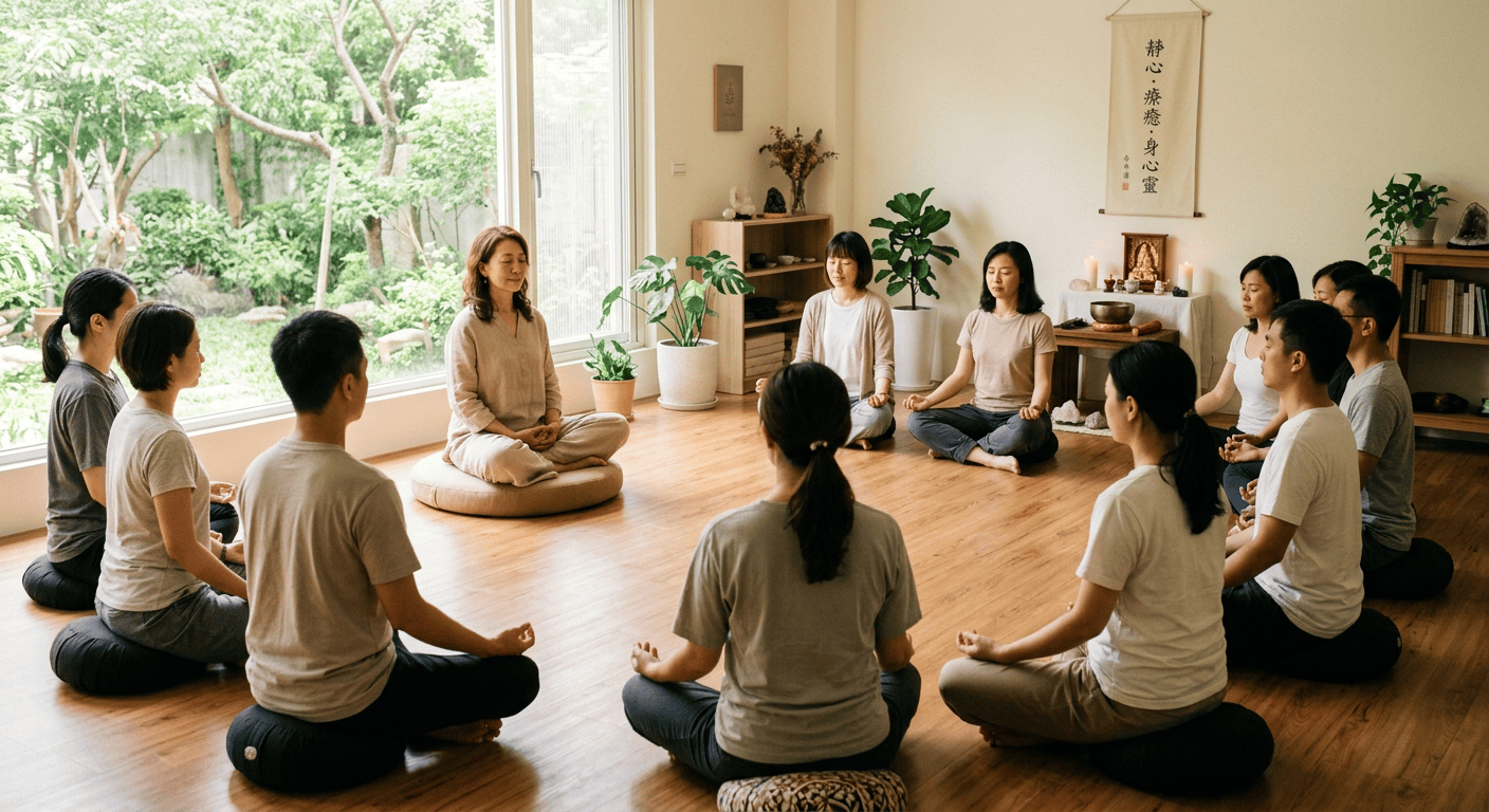 身心靈老師在靜謐的教室裡引導學員閉眼靜心，窗外透進自然光