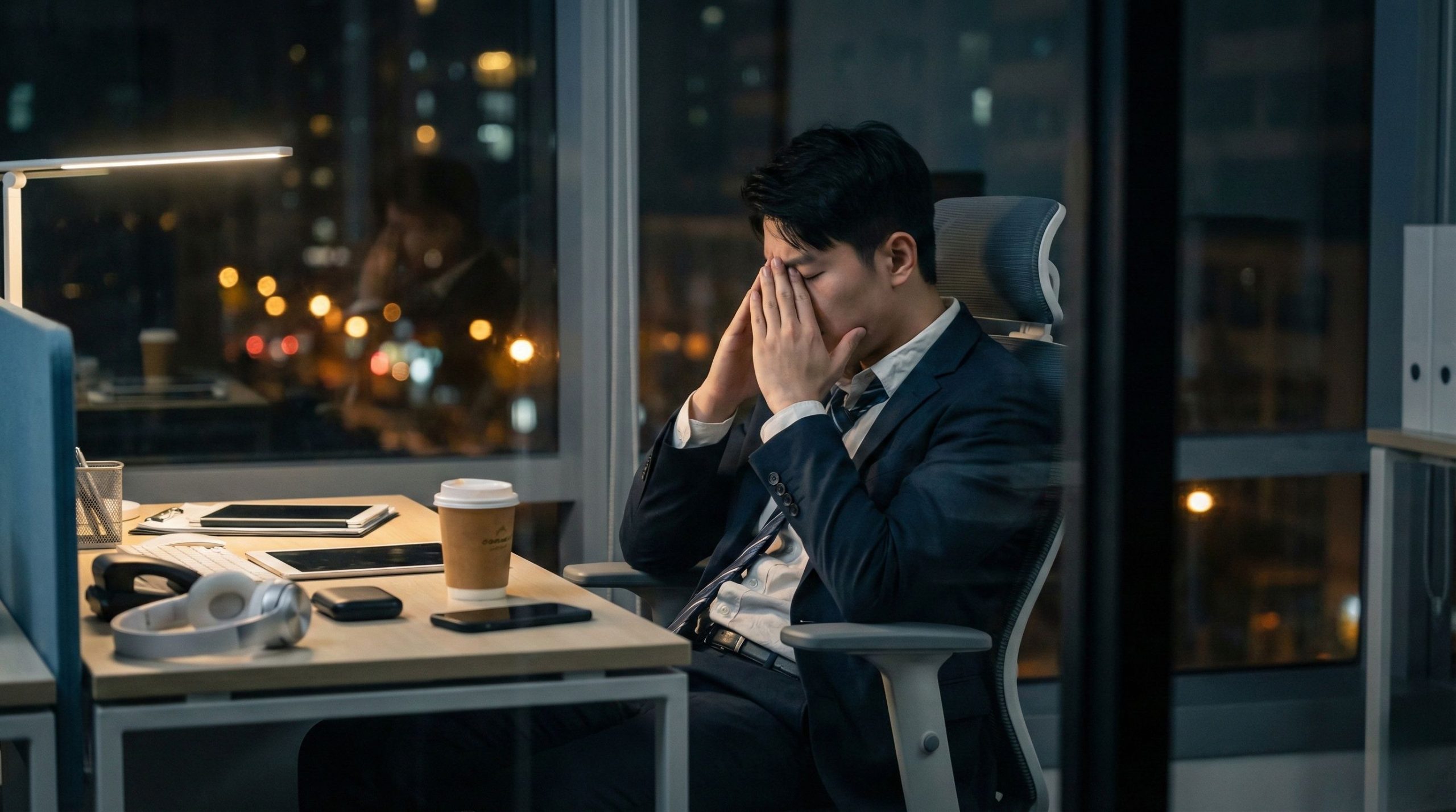 上班族在辦公桌前摀著臉，狀態疲憊，職業倦怠的日常寫照