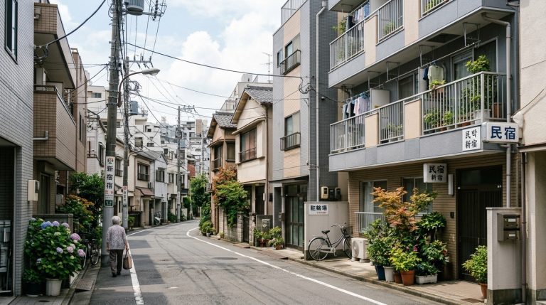 東京民宿密集的新宿住宅區街景，公寓與寧靜巷道並存