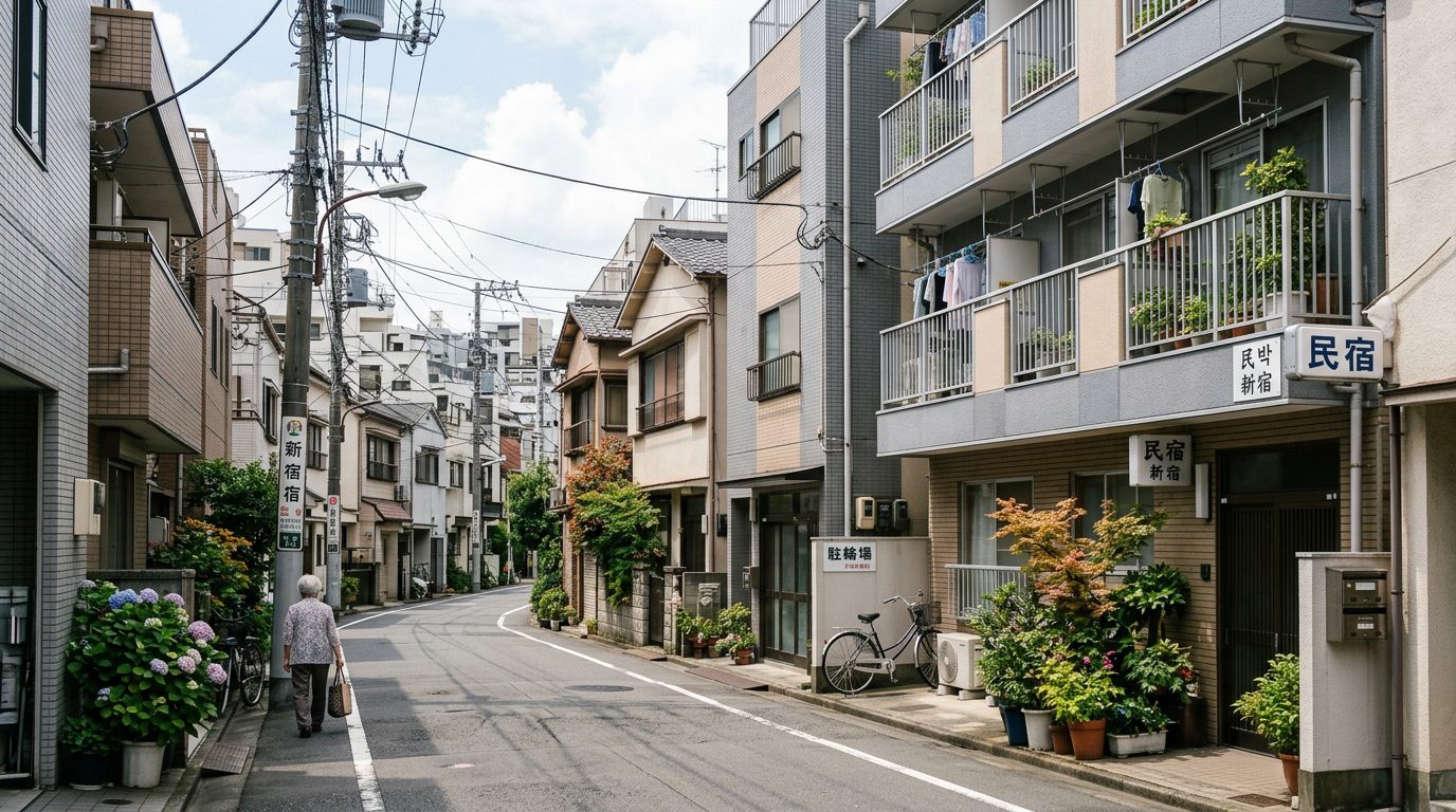 東京民宿密集的新宿住宅區街景，公寓與寧靜巷道並存