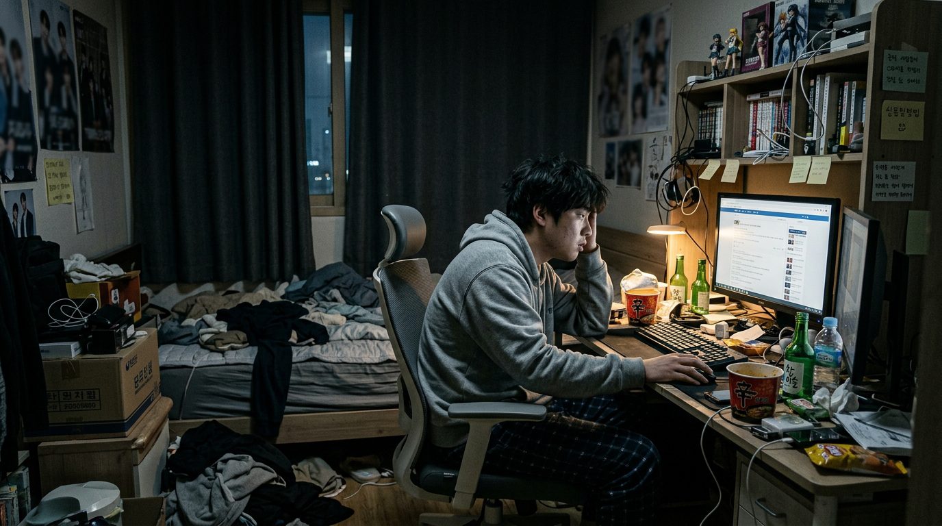 一名年輕人獨自待在昏暗房間，呈現繭居族與社會退縮的處境