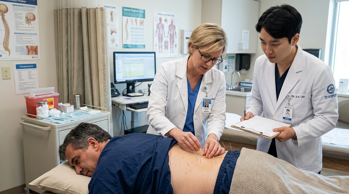 美國醫療機構把針灸納入慢性腰痛治療選項，診間針灸療程示意圖
