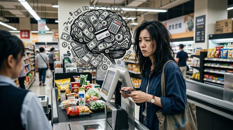 韓國精神科醫師分析，圖為金錢焦慮會悄悄占用大腦認知頻寬，影響判斷力與自我管理示意圖。