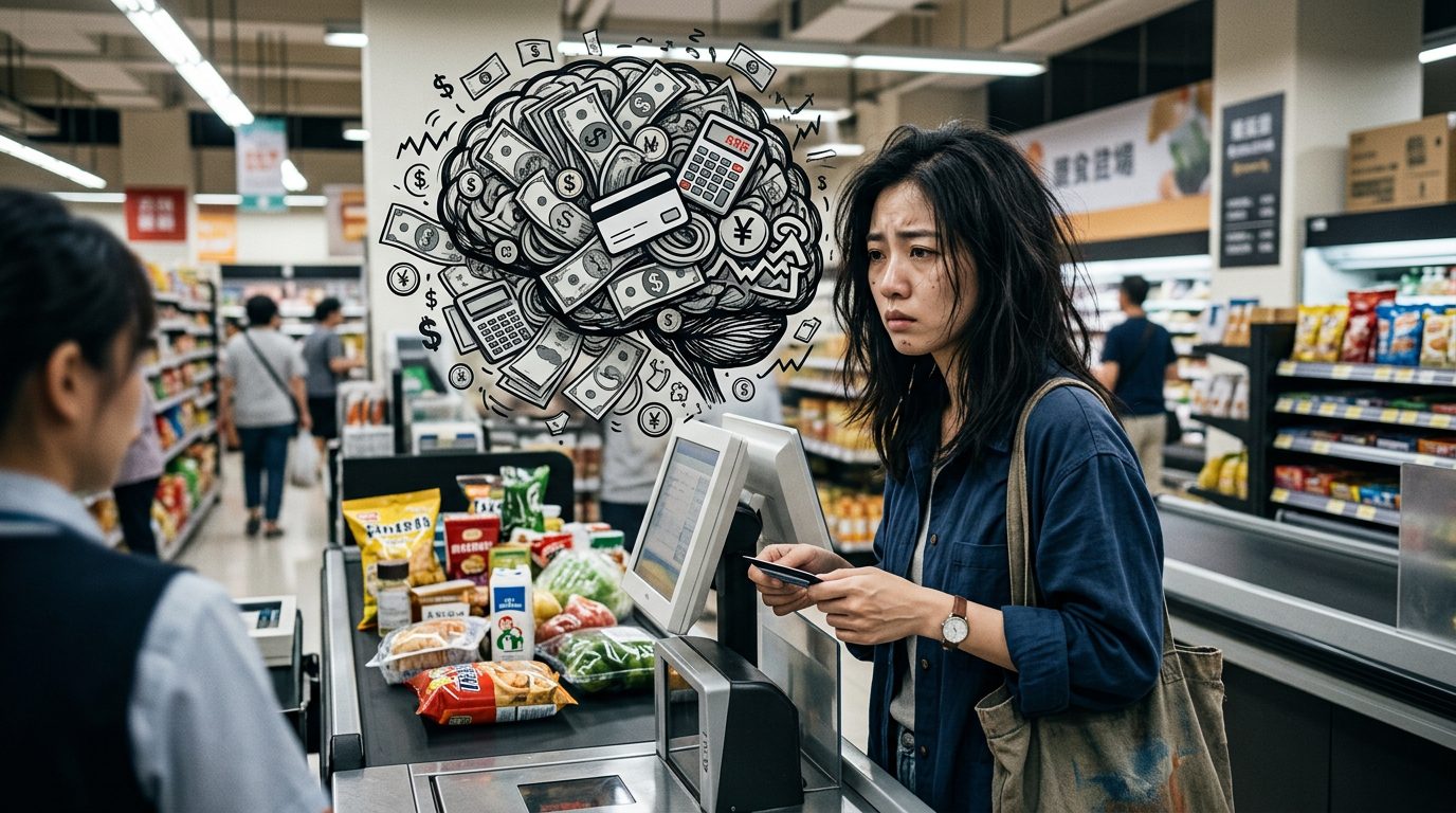韓國精神科醫師分析，圖為金錢焦慮會悄悄占用大腦認知頻寬，影響判斷力與自我管理示意圖。