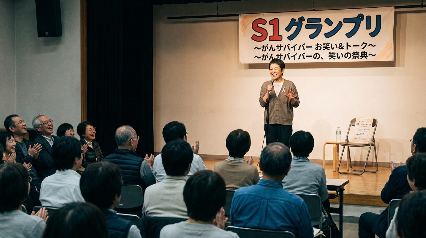 癌症倖存者登台講段子的示意畫面，全場用笑聲療癒彼此