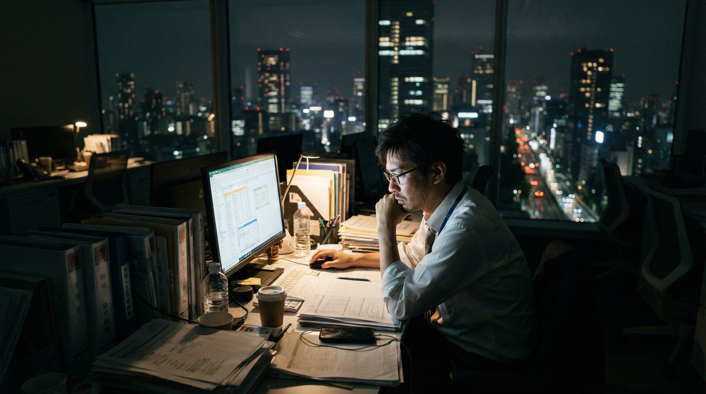 深夜仍在加班的日本上班族示意圖，呼應過勞防線鬆綁話題
