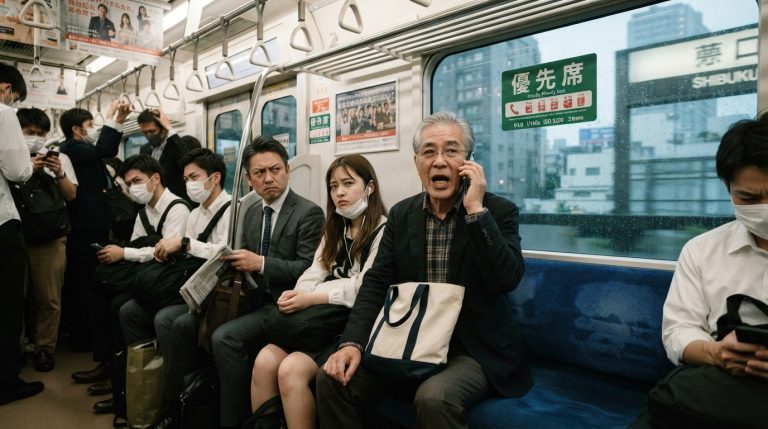 公共場合講電話的情境示意，車廂內乘客正在通話、鄰座表情無奈