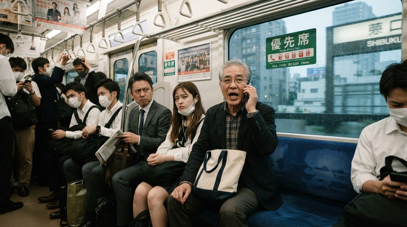 公共場合講電話的情境示意，車廂內乘客正在通話、鄰座表情無奈