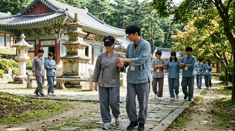 韓國曹溪宗舉辦寺廟相親，參加者在寺院步道矇眼走路培養默契