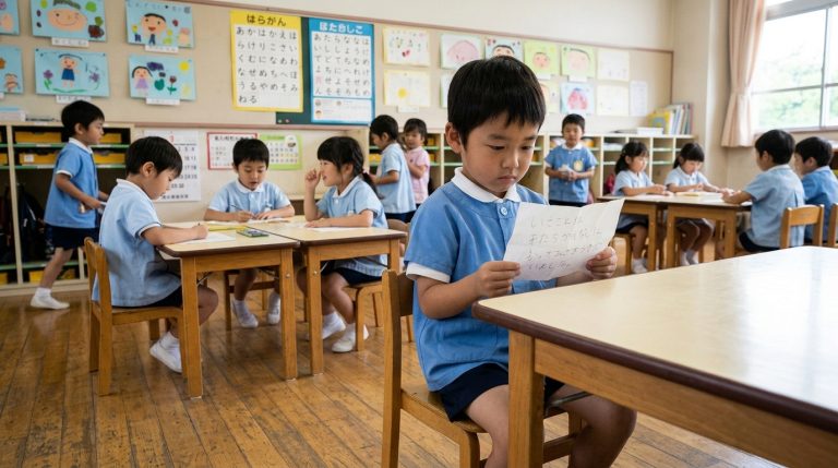 幼兒園霸凌示意圖，一名幼童獨自坐在教室裡，手中拿著被遞來的紙條