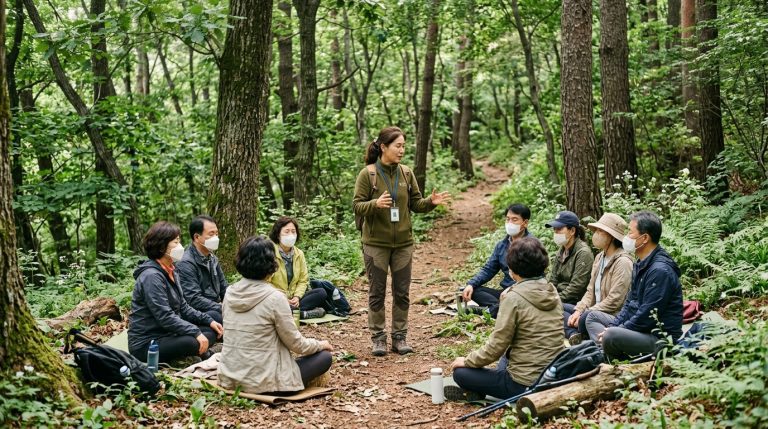 韓國森林療癒課程示意圖，學員在專業帶領人引導下於林間進行森林療癒活動