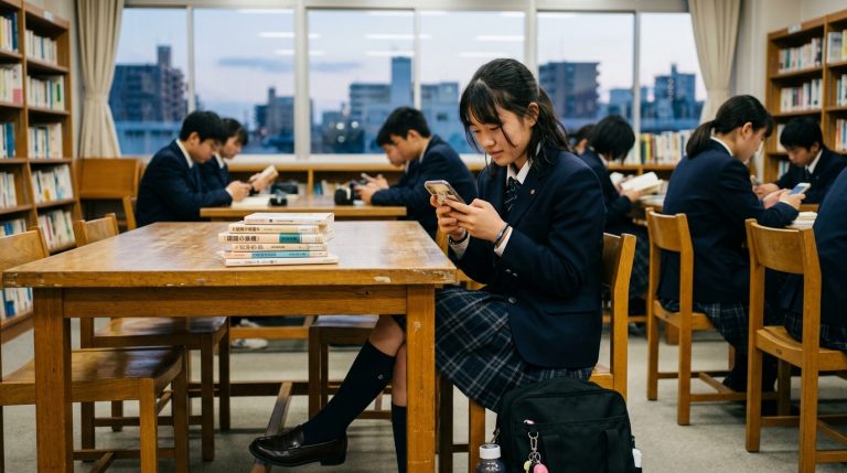 日本學生閱讀能力退步，國中生滑手機取代紙本書的示意圖
