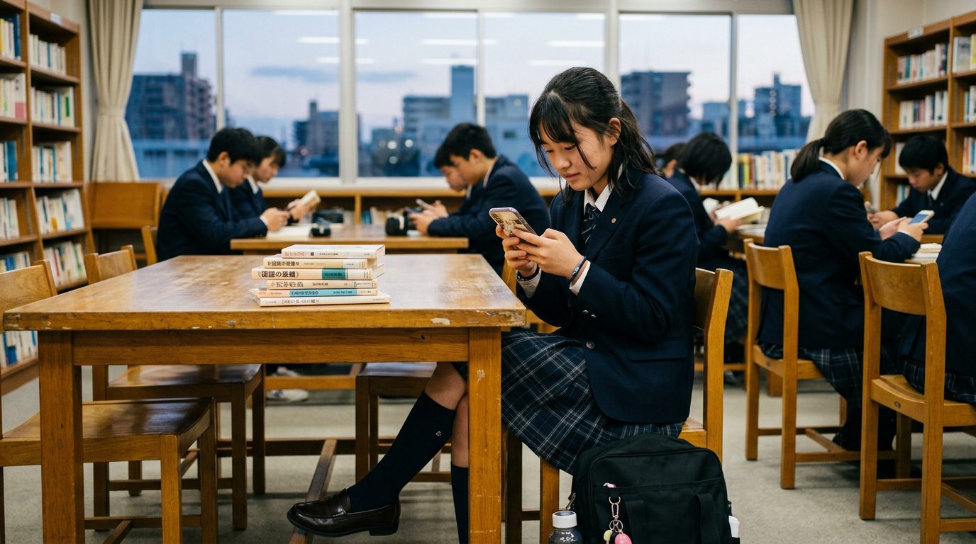 日本學生閱讀能力退步，國中生滑手機取代紙本書的示意圖