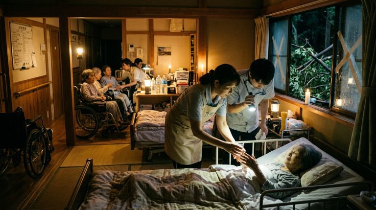 颱風過後停電的日本千葉山區，長照機構工作人員摸黑照料住民