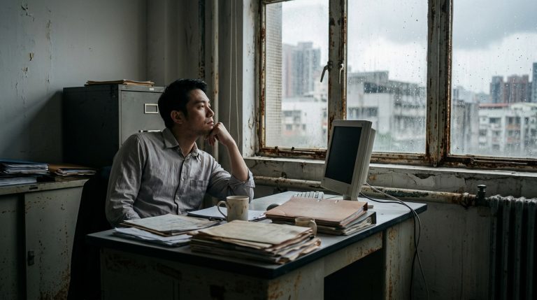 辦公桌前神情疲憊的員工望向窗外，象徵職業倦怠之外的職場鏽蝕問題