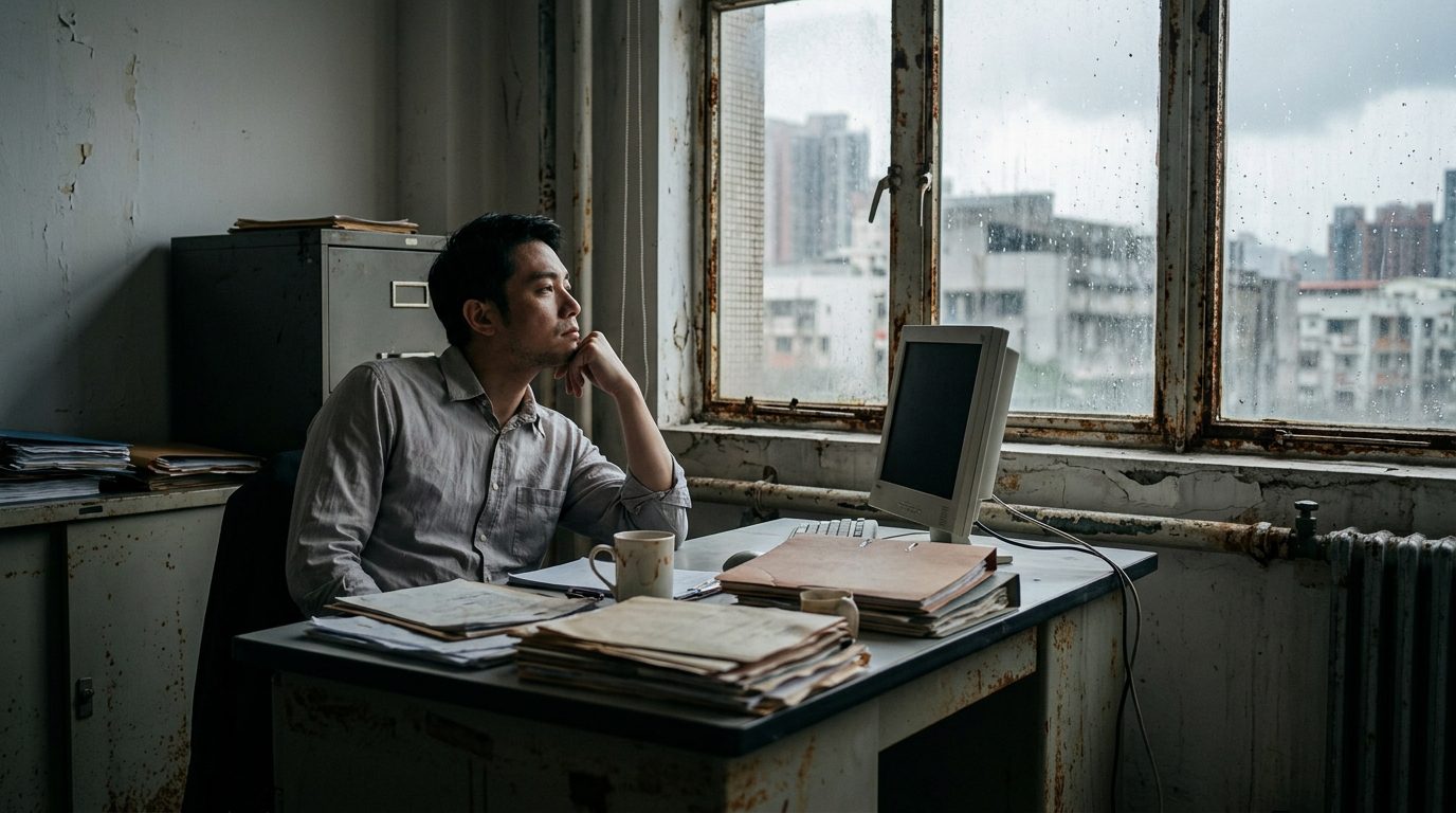 辦公桌前神情疲憊的員工望向窗外，象徵職業倦怠之外的職場鏽蝕問題