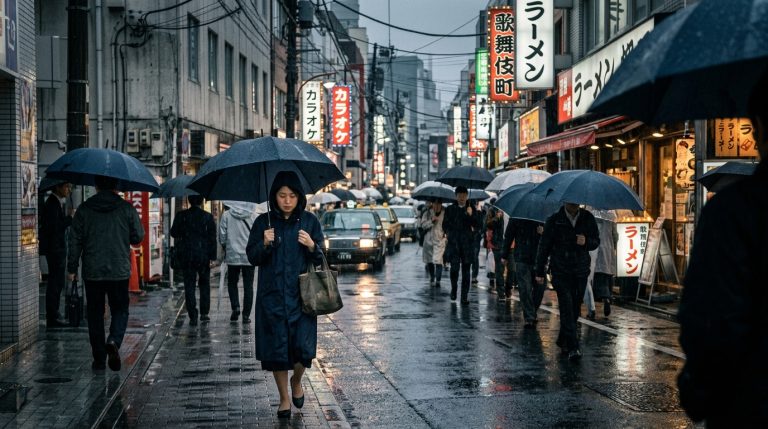 東京街頭陰雨連綿，雨天憂鬱與日照不足成連日陰雨的身心課題