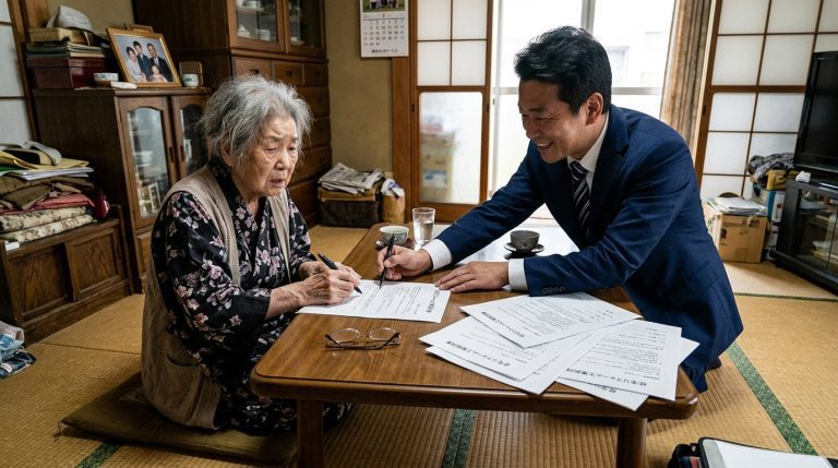 失智症長輩被推銷合約文件的示意畫面