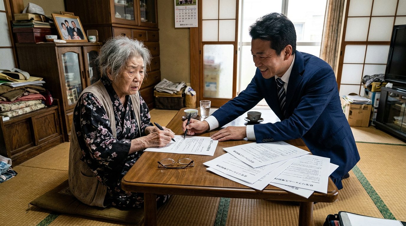 失智症長輩被推銷合約文件的示意畫面