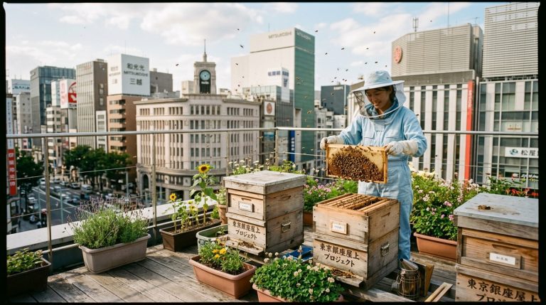 東京銀座大樓屋頂的城市養蜂蜂箱與飛舞的蜜蜂