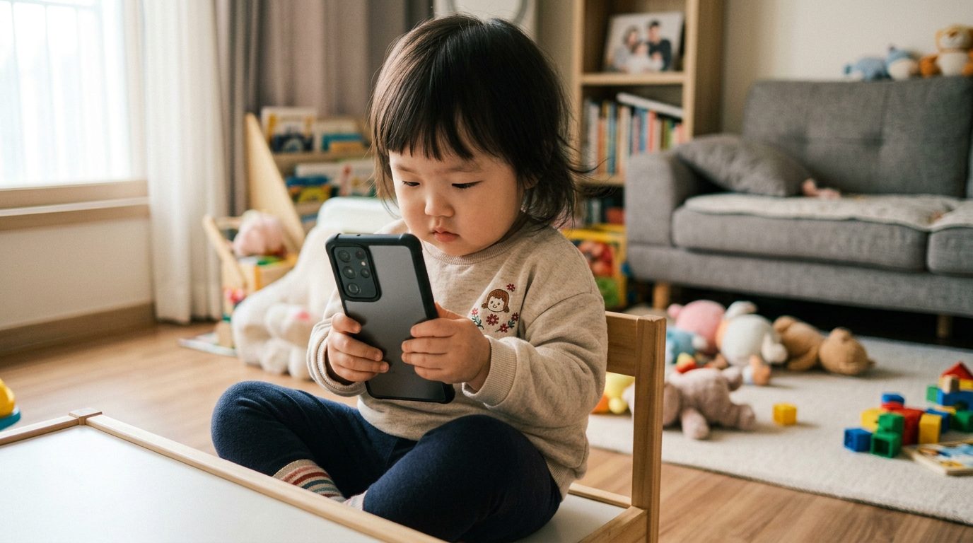 韓國幼兒看手機的畫面，調查顯示超過半數在 2 歲前就開始