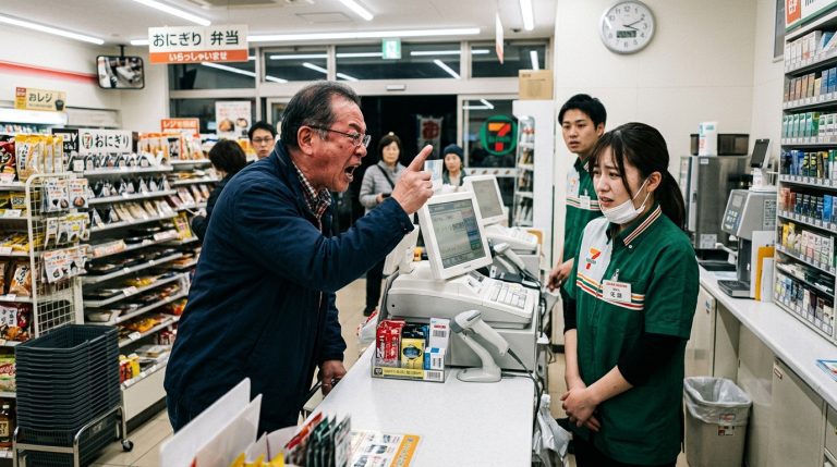 服務業店員站在櫃台後被顧客高聲指責，呈現顧客騷擾的第一線場景。