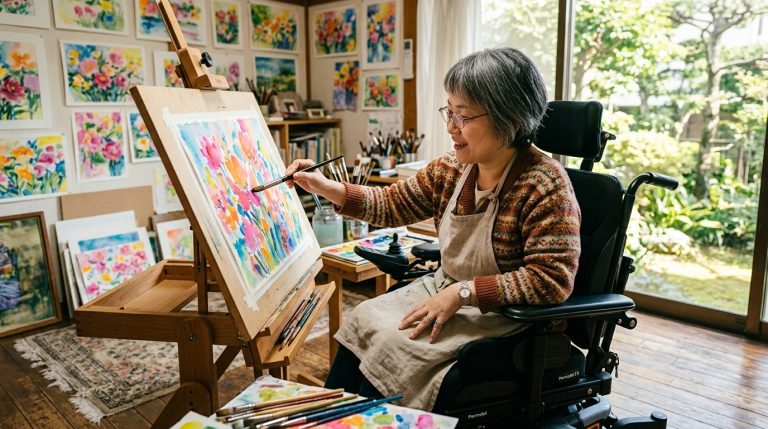 以輪椅代步的日本腦性麻痺畫家あべいずみ，30 多年來持續創作色彩鮮豔的水彩畫