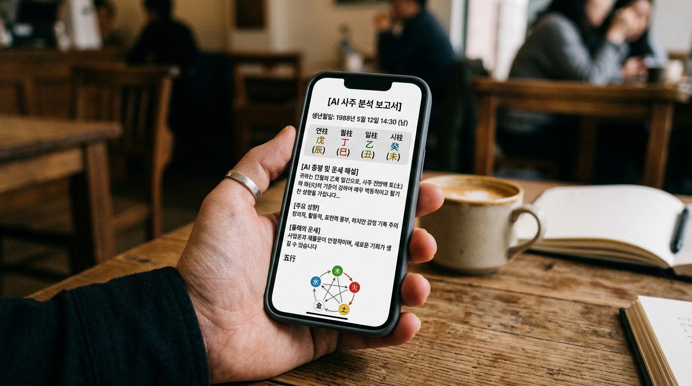 手機螢幕顯示 AI 算命排出的四柱命盤解讀畫面