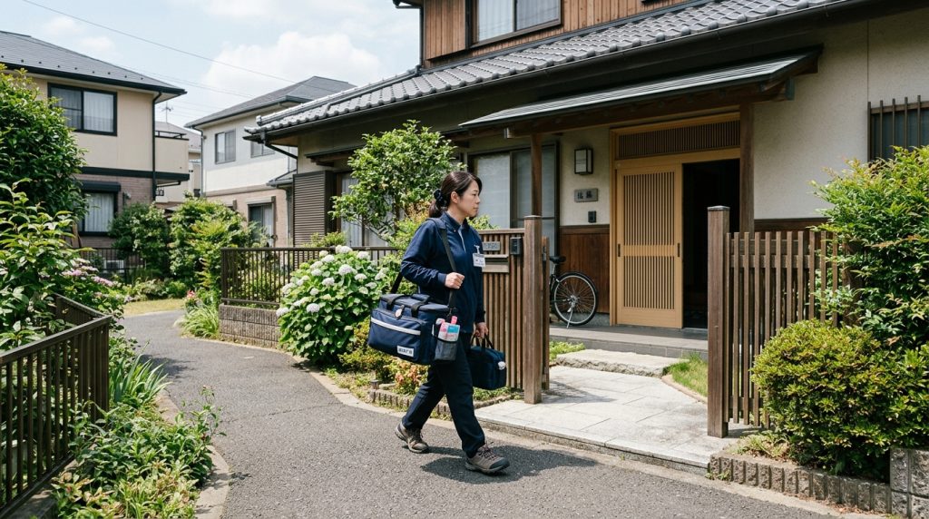 居家照護員提著服務箱走向獨棟住宅，準備進行到宅服務