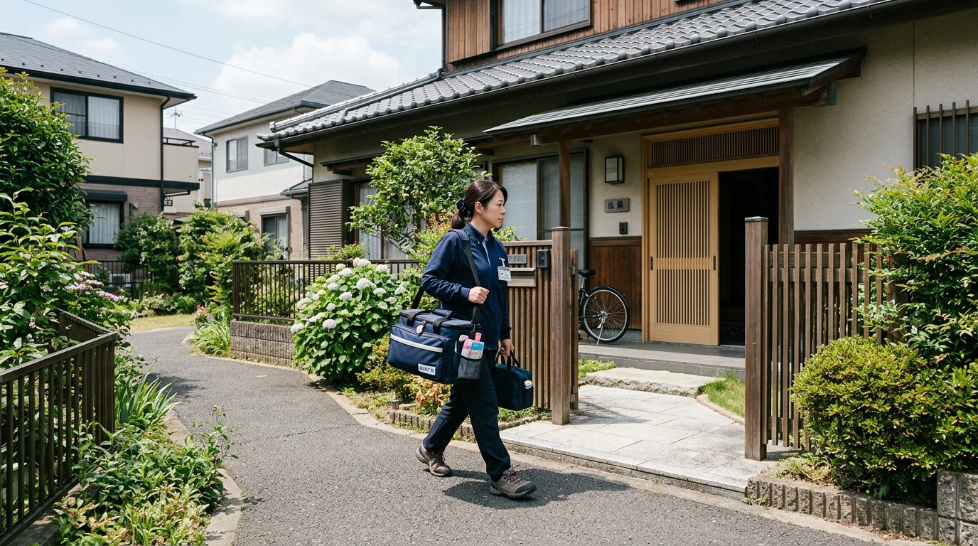 居家照護員提著服務箱走向獨棟住宅，準備進行到宅服務