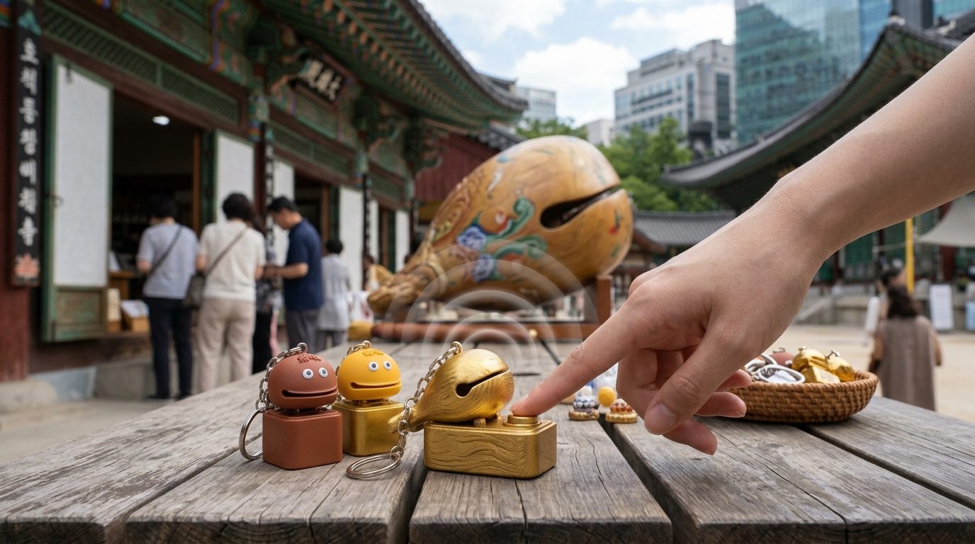首爾寺廟熱賣的功德鑰匙圈，按一下會發出木魚聲