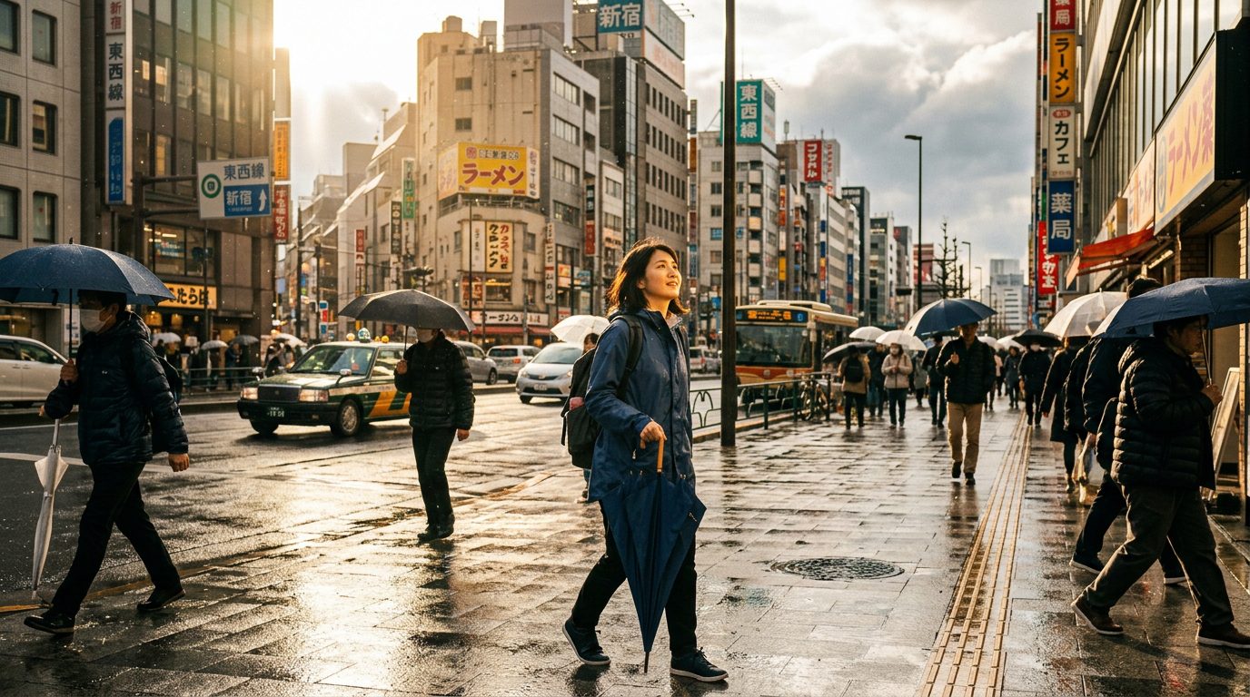 東京連雨放晴後陽光灑落的街景，示意日照不足與情緒的關聯