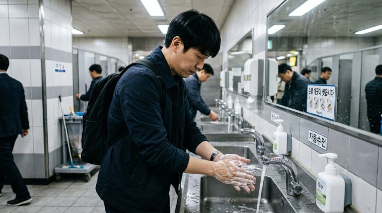 公共廁所洗手台前，一個人用肥皂仔細搓洗雙手的示意畫面