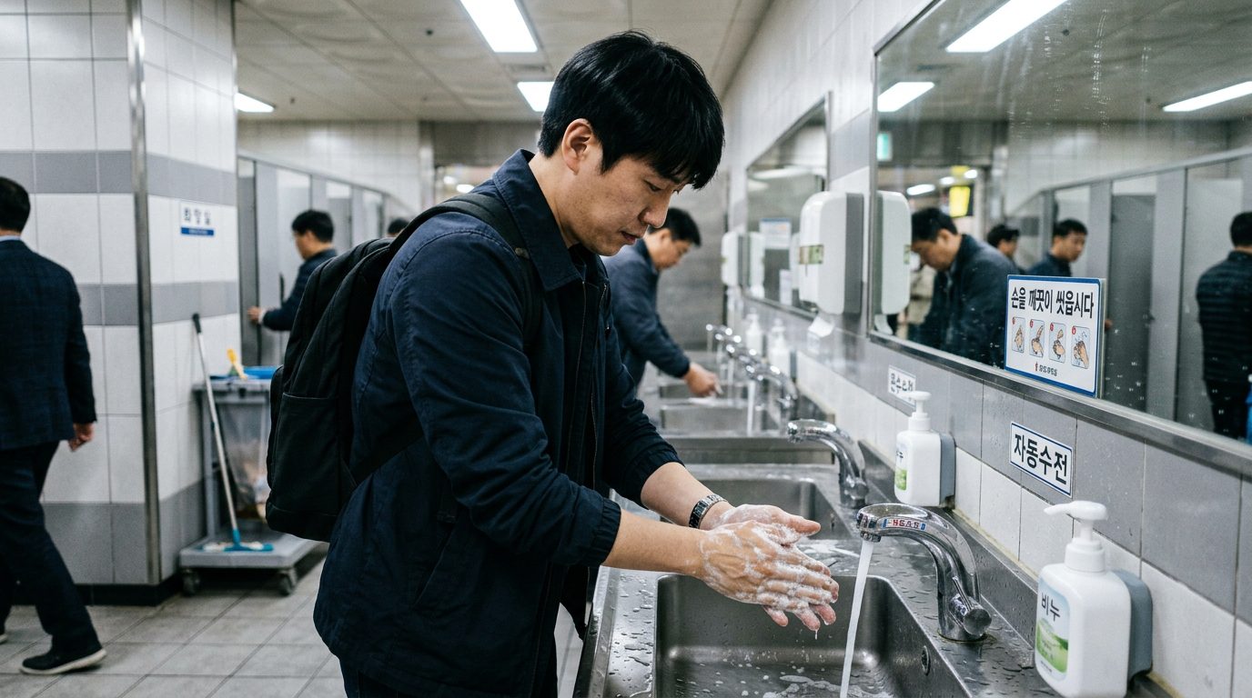 公共廁所洗手台前，一個人用肥皂仔細搓洗雙手的示意畫面