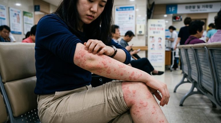 蕁麻疹發作時，手臂和腿上會出現像蚊子叮咬般的紅疹與膨疹