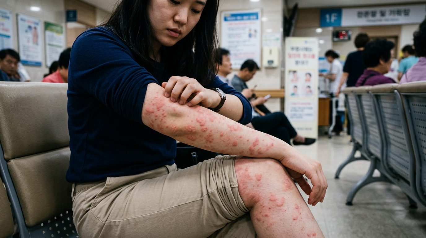 蕁麻疹發作時，手臂和腿上會出現像蚊子叮咬般的紅疹與膨疹