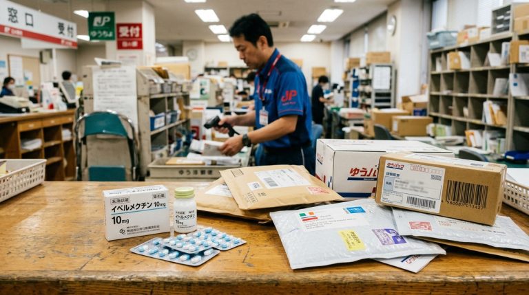 未經核准的伊維菌素製劑與郵寄包裹並排的示意畫面
