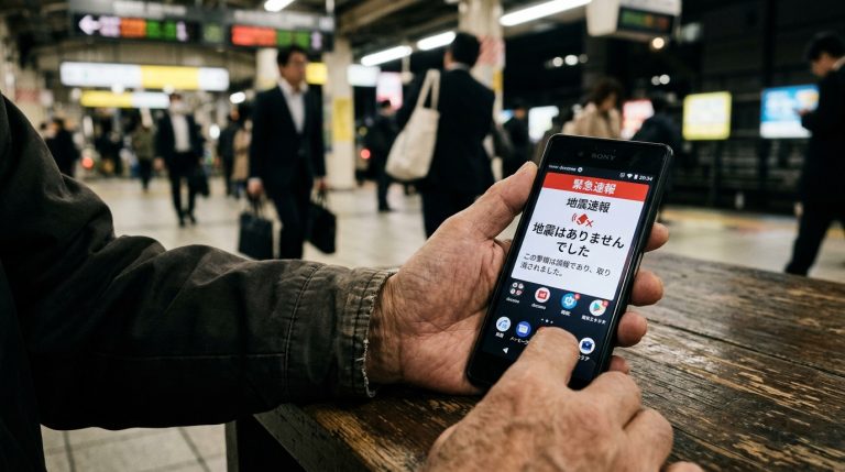 手機響起地震速報、螢幕顯示取消通知的示意畫面