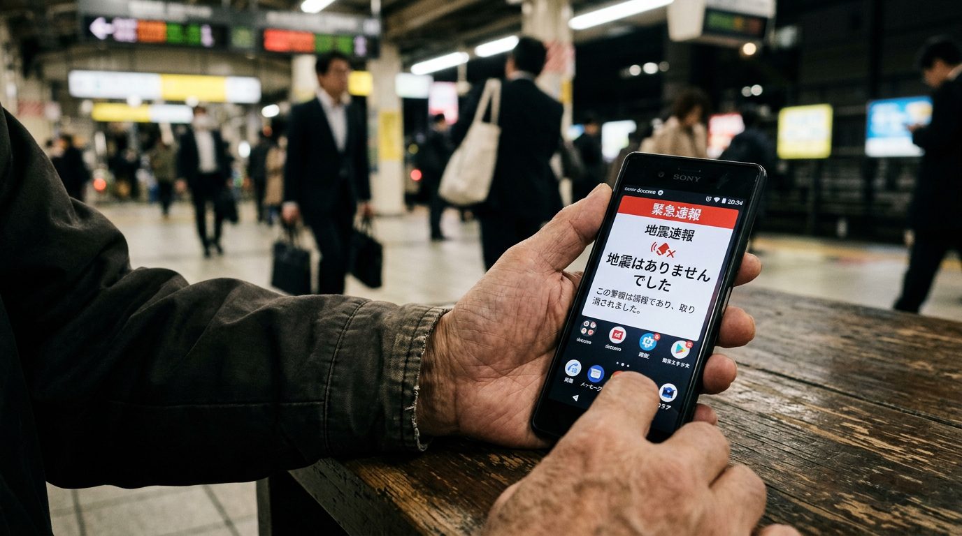 手機響起地震速報、螢幕顯示取消通知的示意畫面