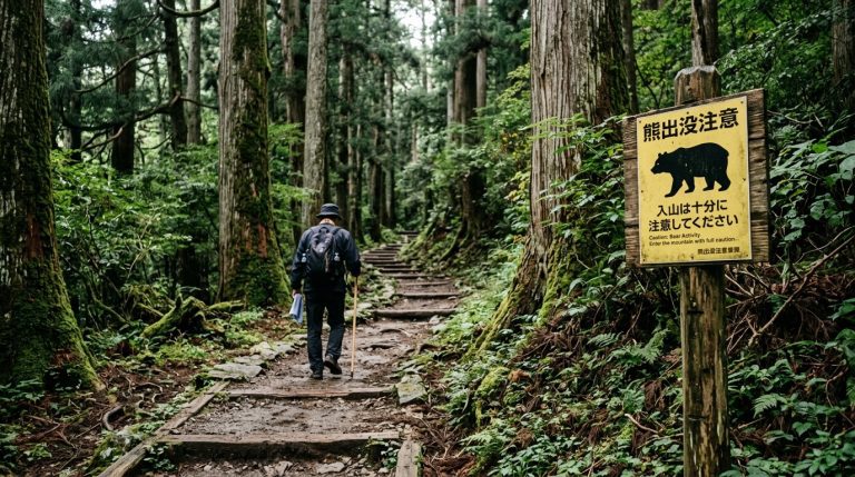 高野山朝聖古道黑河道的森林步道，路旁設有熊出沒警示