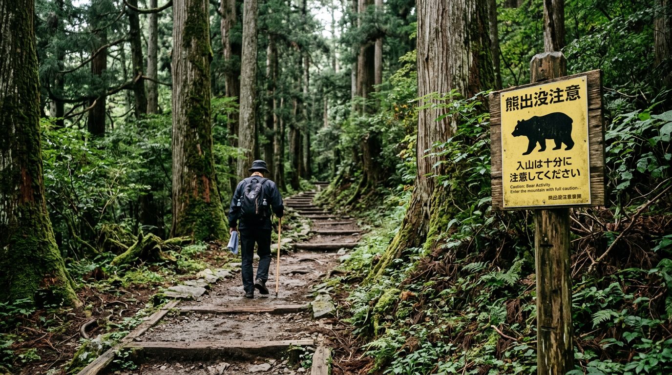 高野山朝聖古道黑河道的森林步道，路旁設有熊出沒警示