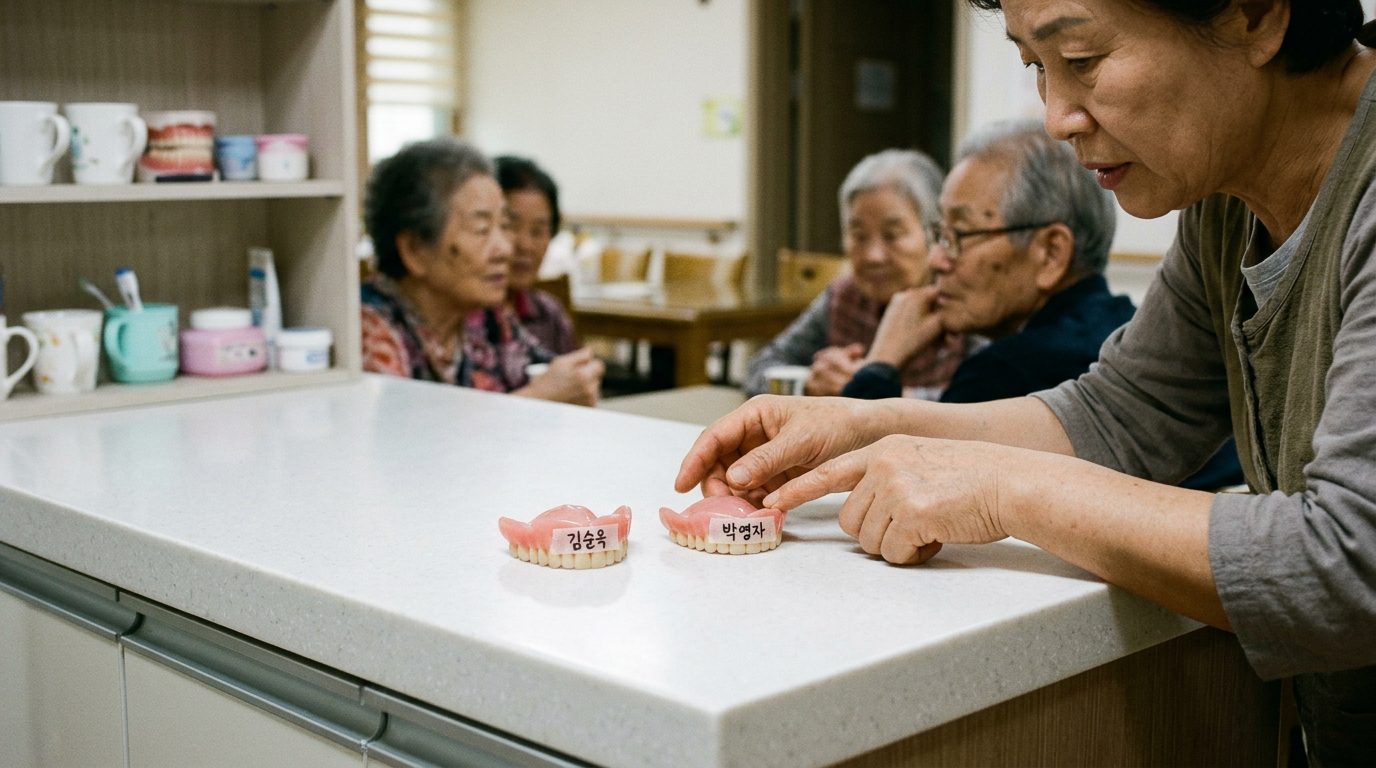 長照機構裡的假牙容易互相搞混，韓國以標名字的方式，幫失智長者辨認自己的假牙