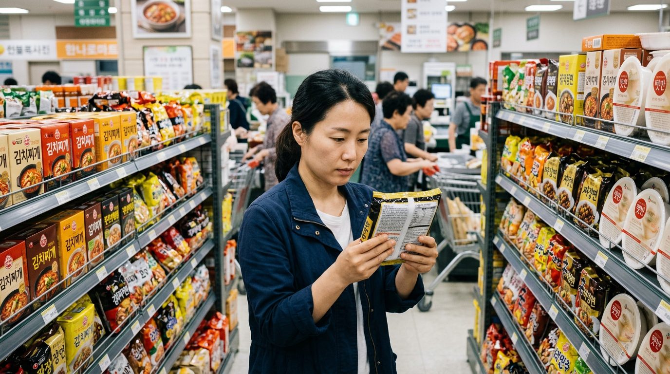 超市貨架前挑選包裝食品、留意超加工食品成分的示意畫面